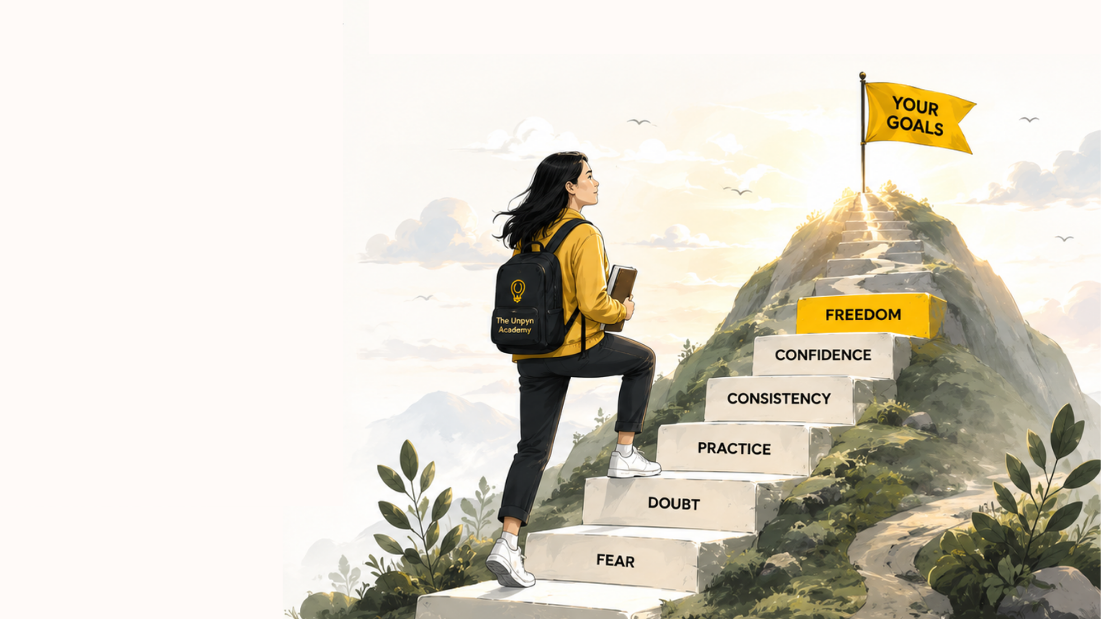 Student climbing steps labelled Fear, Doubt, Practice, Consistency, Confidence, Freedom, with a yellow Your Goals flag at the top