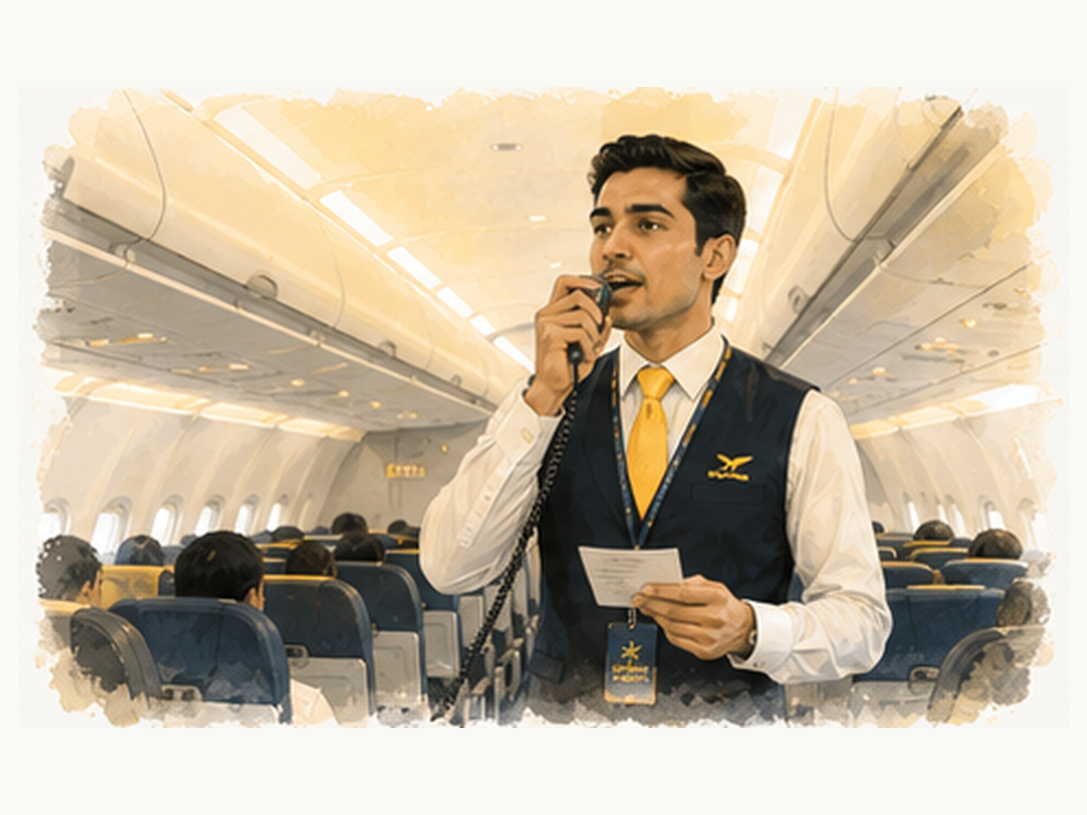 Cabin crew delivering a PA announcement onboard