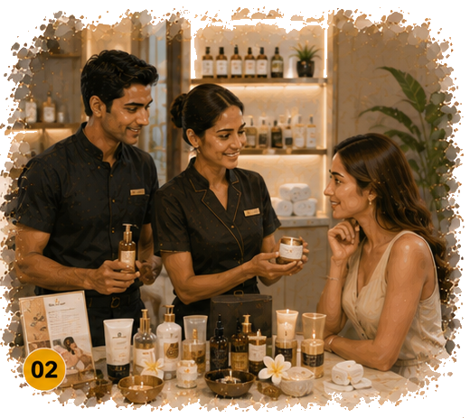 Therapist recommending a product and presenting a spa package upgrade to a guest