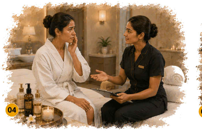 Spa therapist calmly addressing a guest concern with professional, reassuring English
