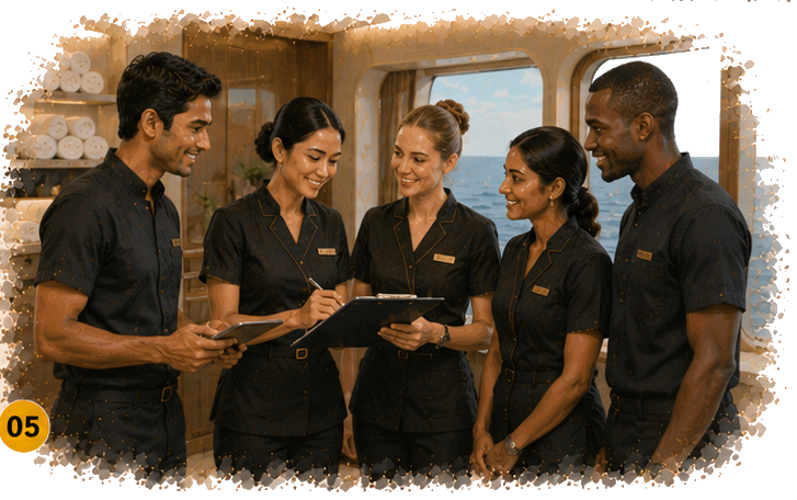 Multinational spa crew coordinating shift handover and tasks together in English
