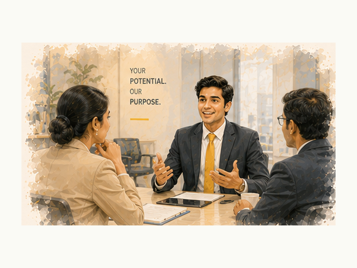 Student in a mock HR round, answering interview questions confidently