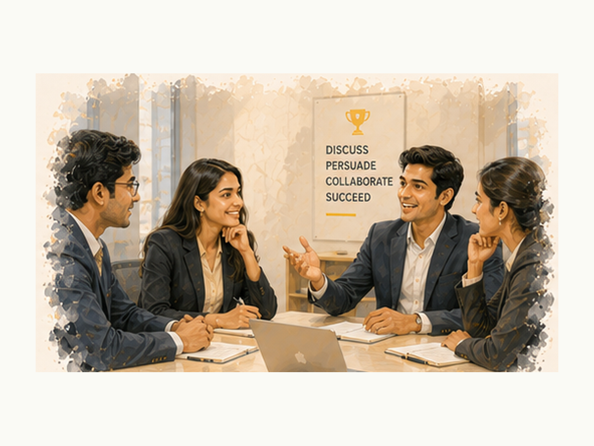 Students in a group discussion exercise, practising turn-taking and polite disagreement