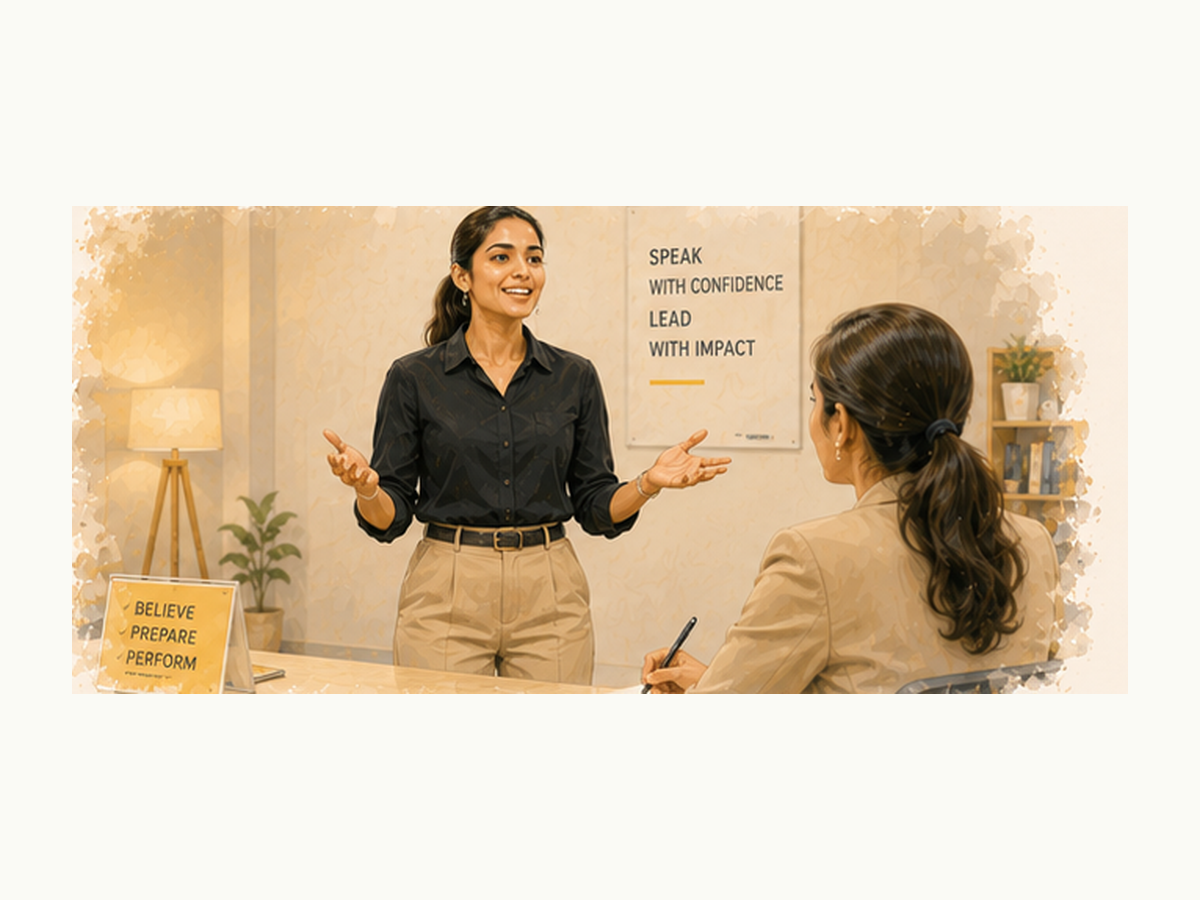 Student speaking confidently and fluently in a placement interview