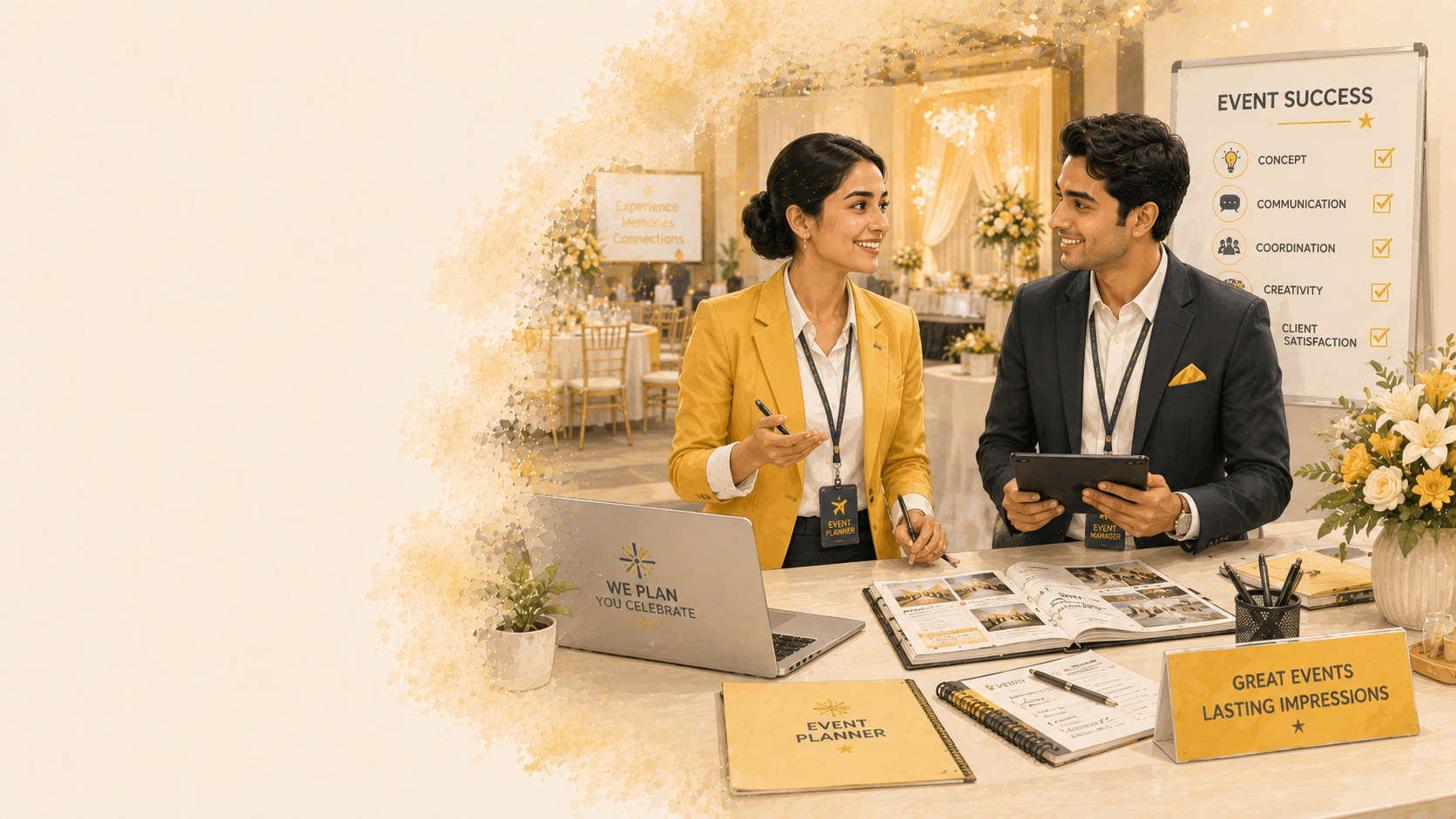 Event management team planning a destination wedding and corporate event in confident English
