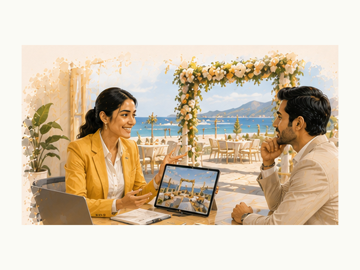 Event planner pitching a destination wedding concept to an NRI couple on a video call