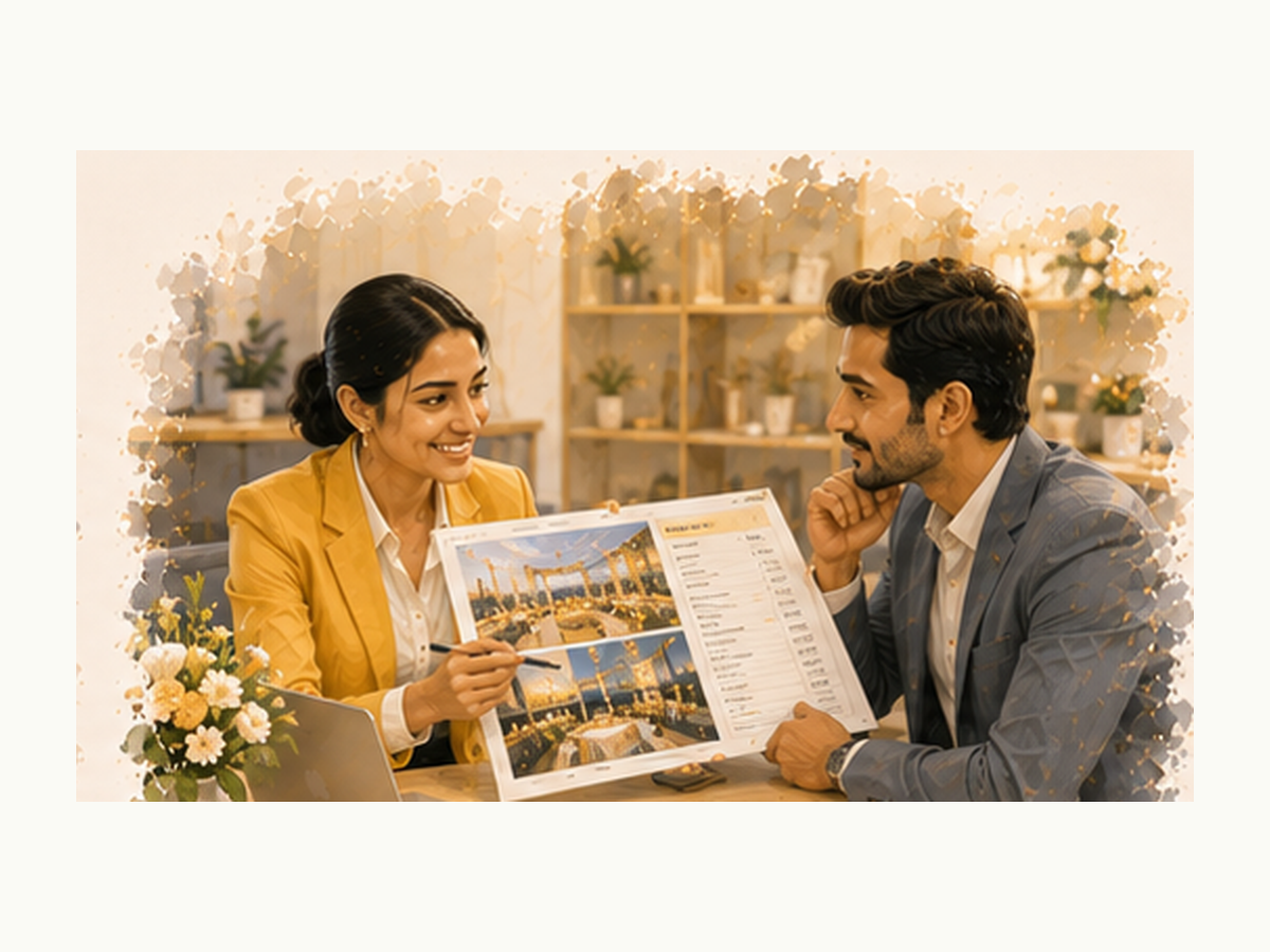 Event planner presenting a detailed proposal and justifying the budget to clients