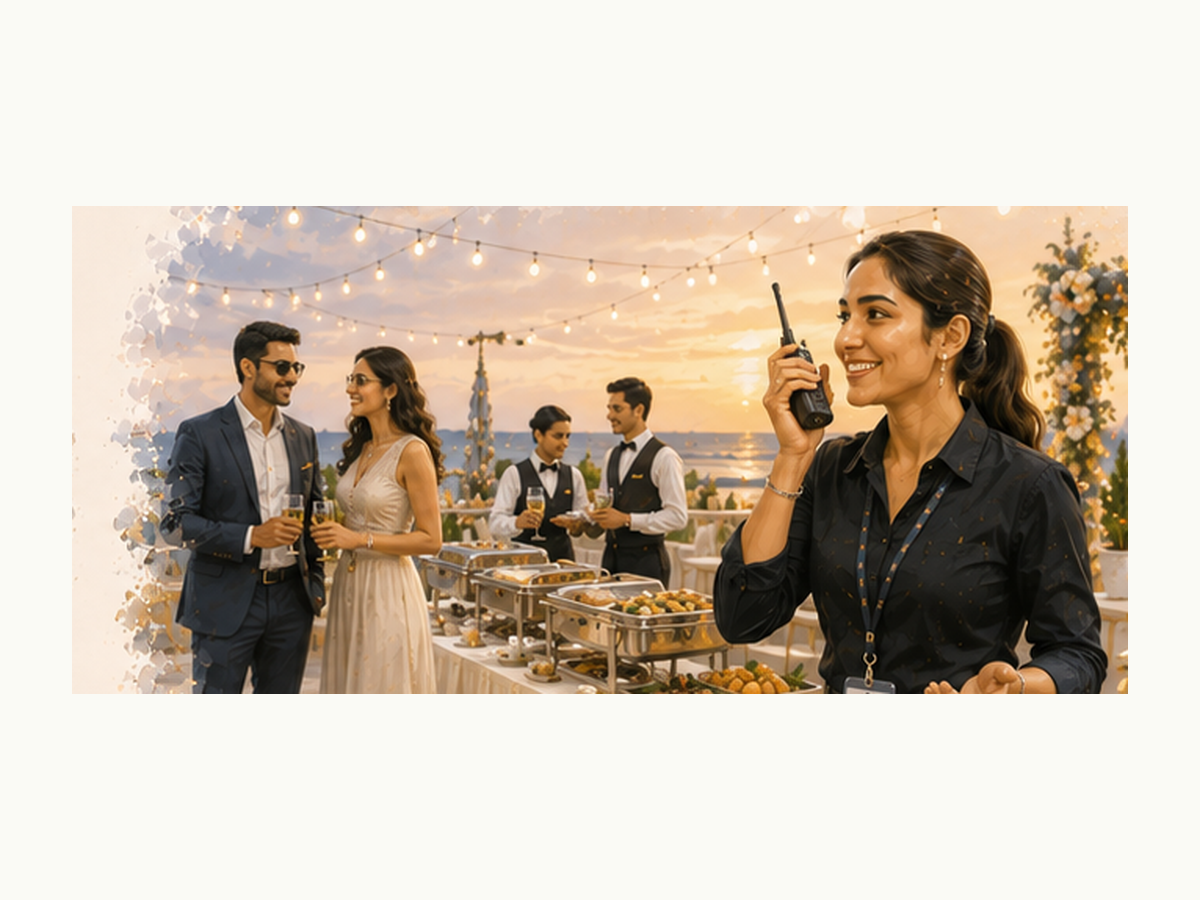 Event coordinator directing teams and welcoming international guests on the day