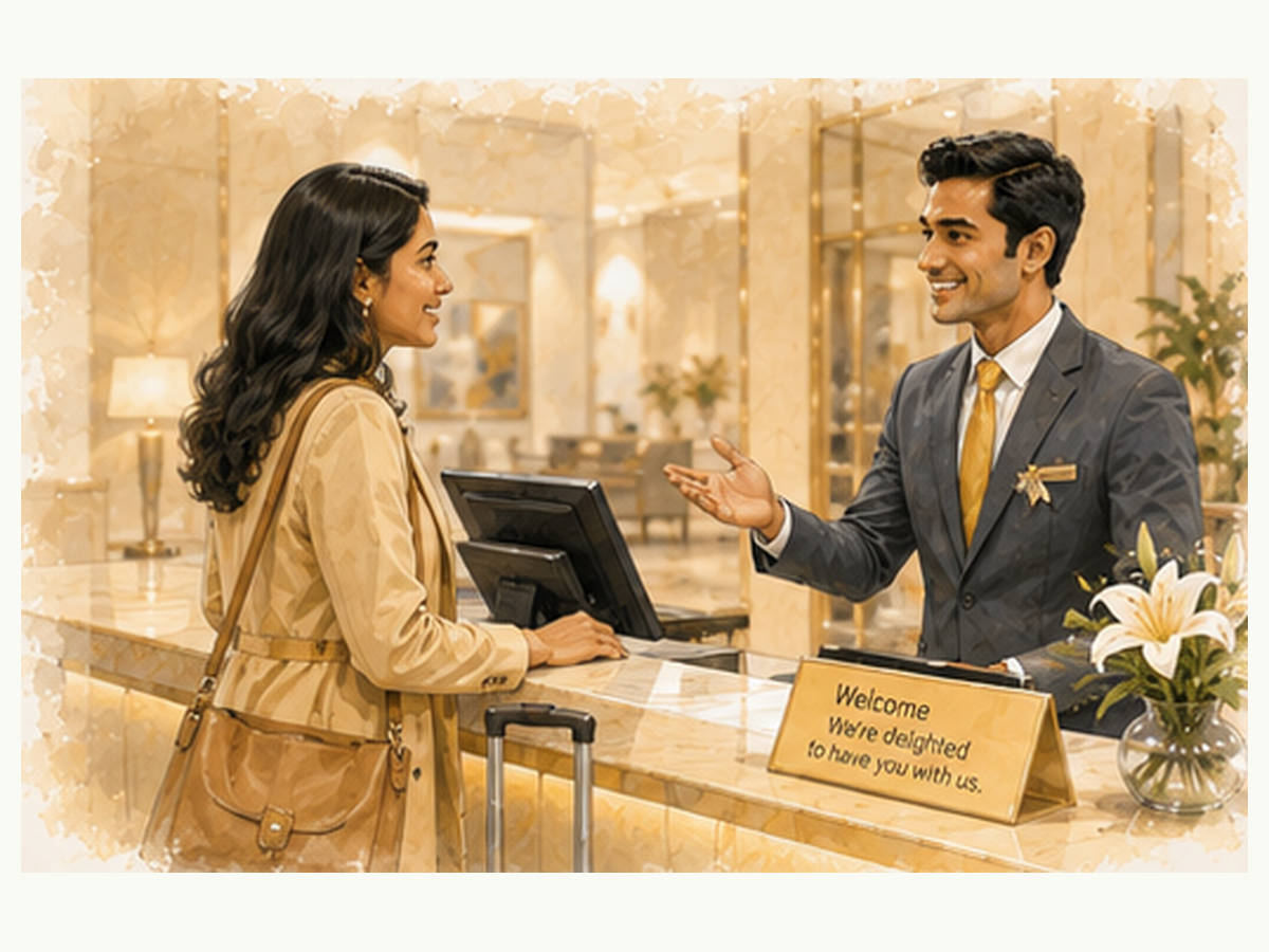 Front office associate welcoming a guest at the hotel desk
