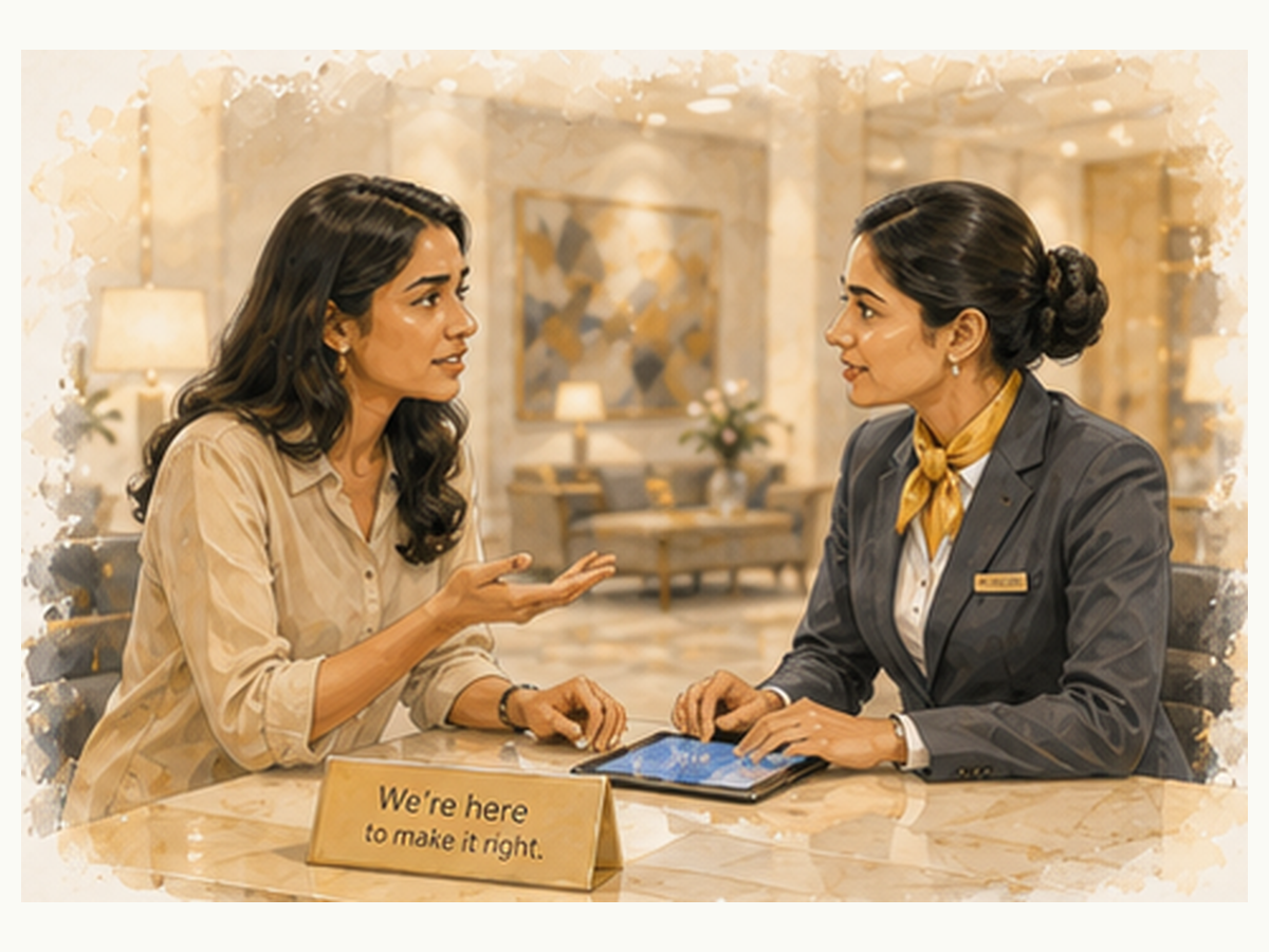 Staff member handling a guest complaint at the hotel