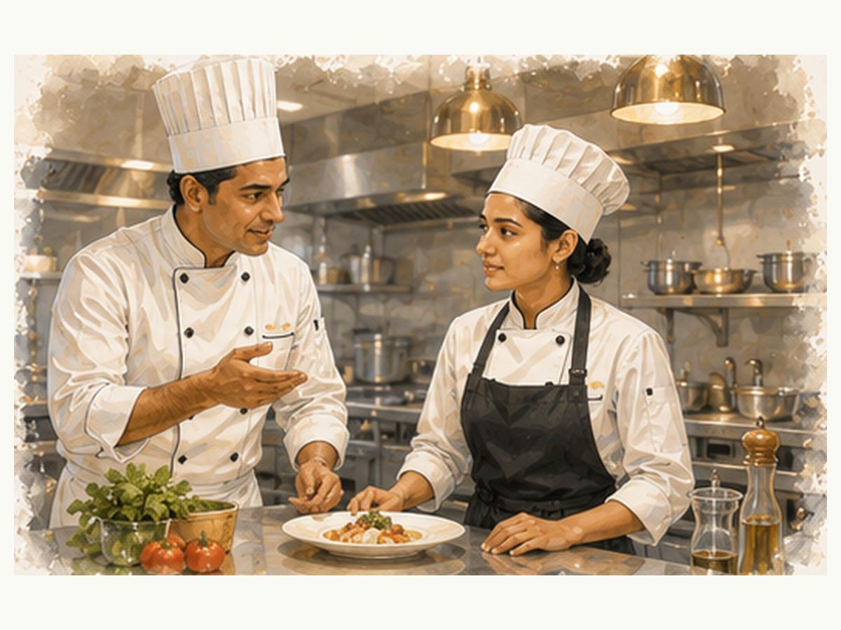 Chefs communicating in a professional kitchen brigade