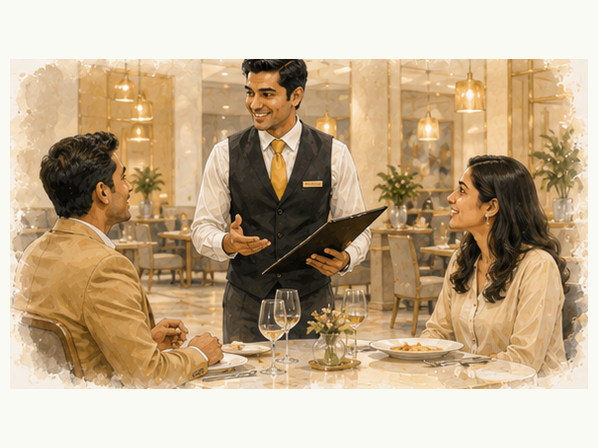 F&B server describing dishes and upselling to diners