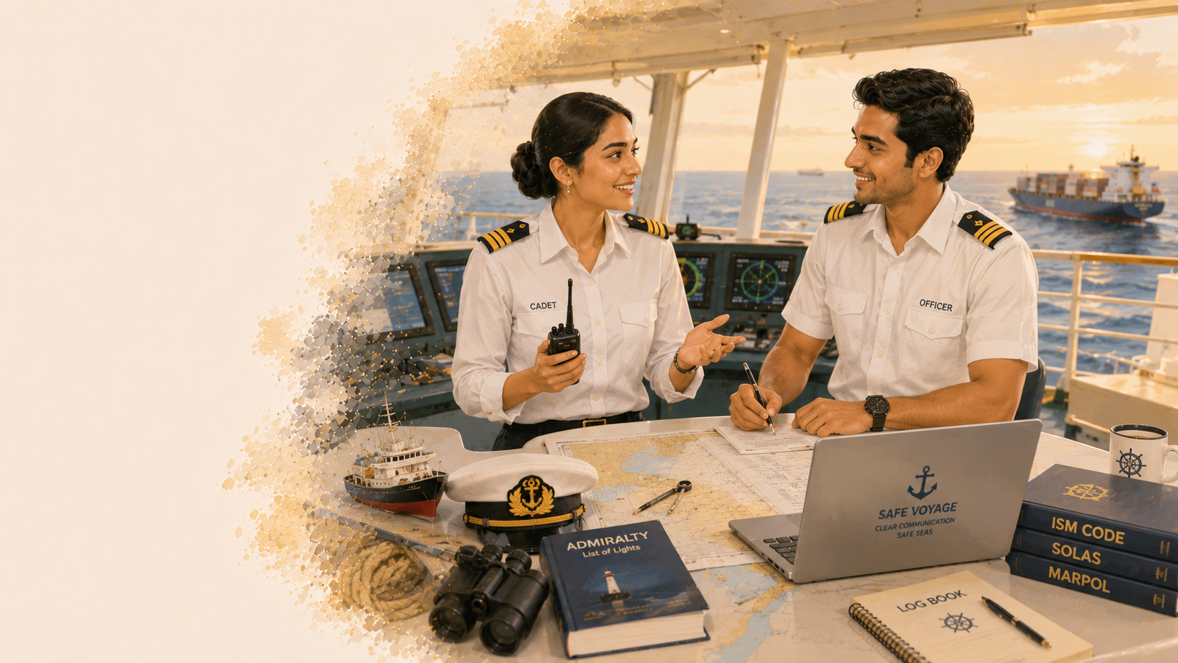 Maritime cadets on the bridge, communicating clearly in English under STCW standards