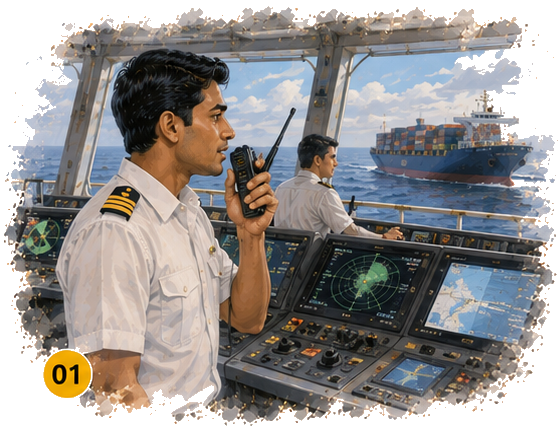 Cadet on the bridge practising Standard Marine Communication Phrases