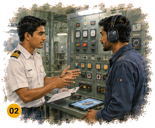 Officer of the watch giving and confirming bridge commands with the engine-room