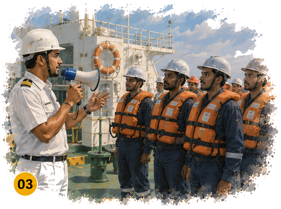 Seafarers conducting a muster drill with clear English emergency communication