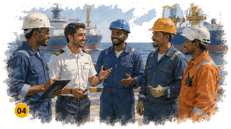 Multinational crew coordinating tasks together with a shared English register