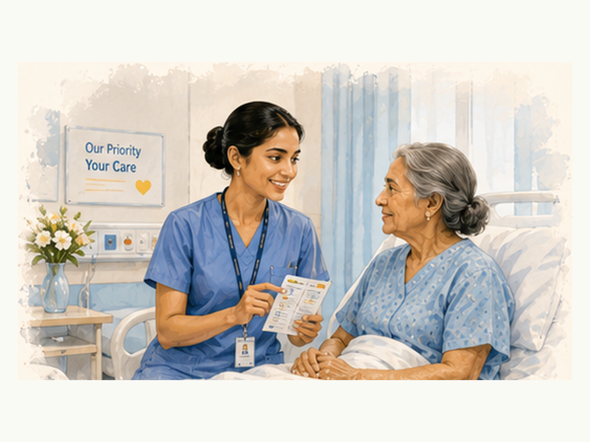 Nurse explaining care to a patient at the bedside