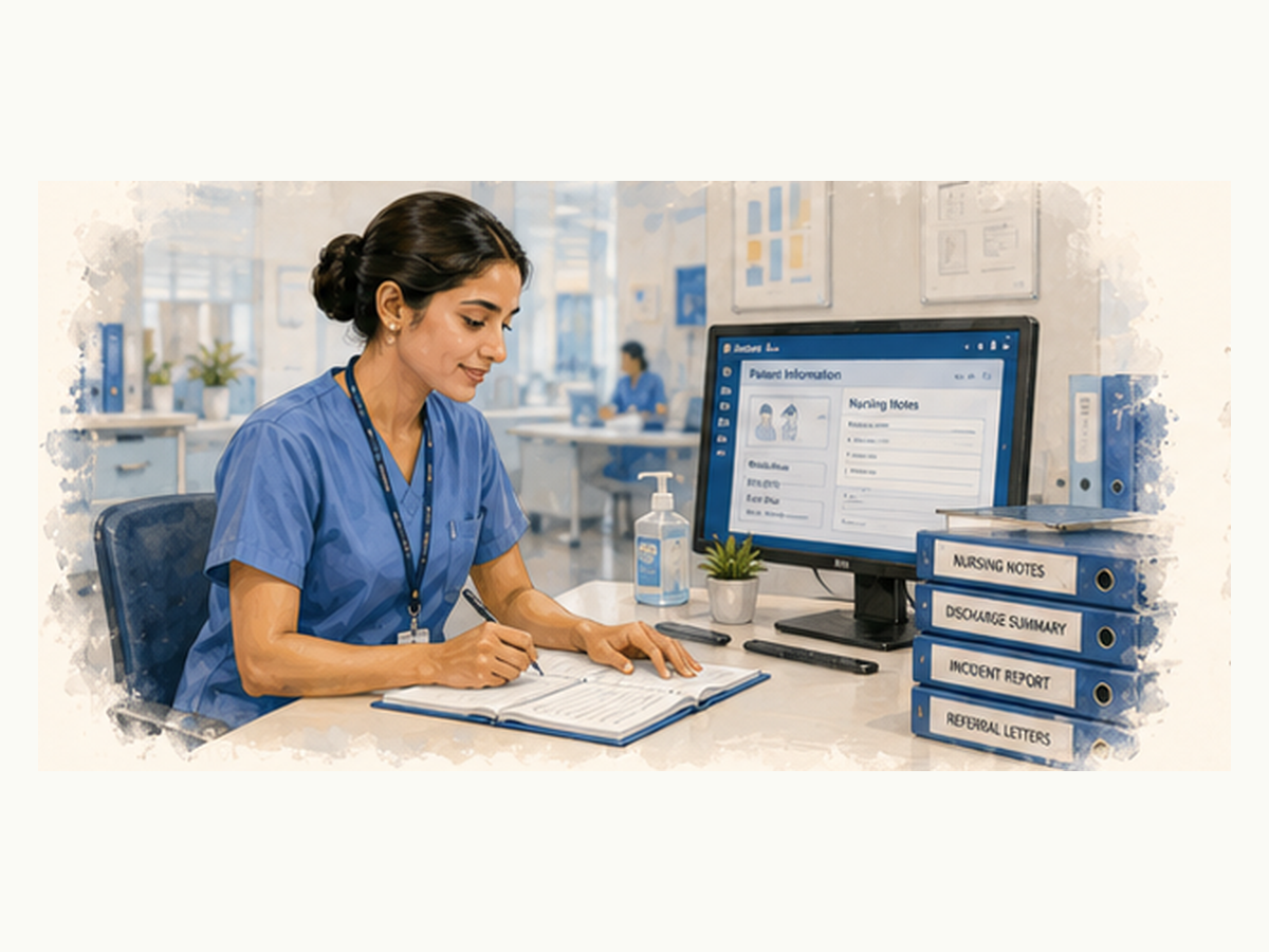 Nurse writing clinical notes and documentation