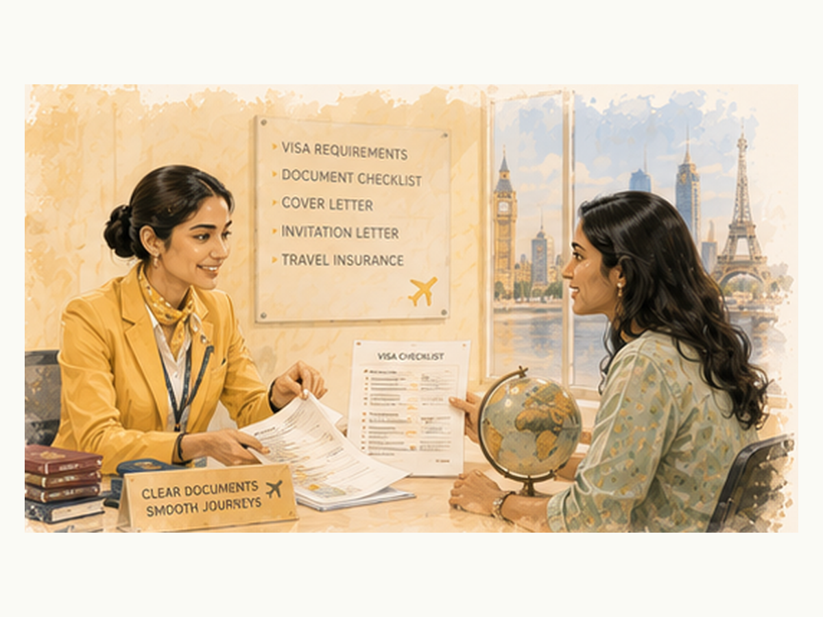 Consultant guiding a client through visa documentation