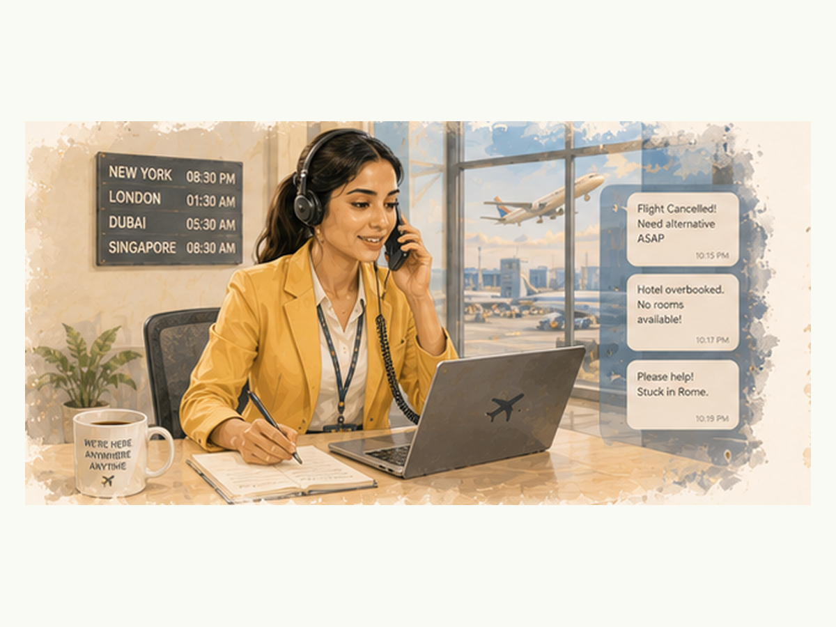 Travel consultant resolving a client problem across time zones
