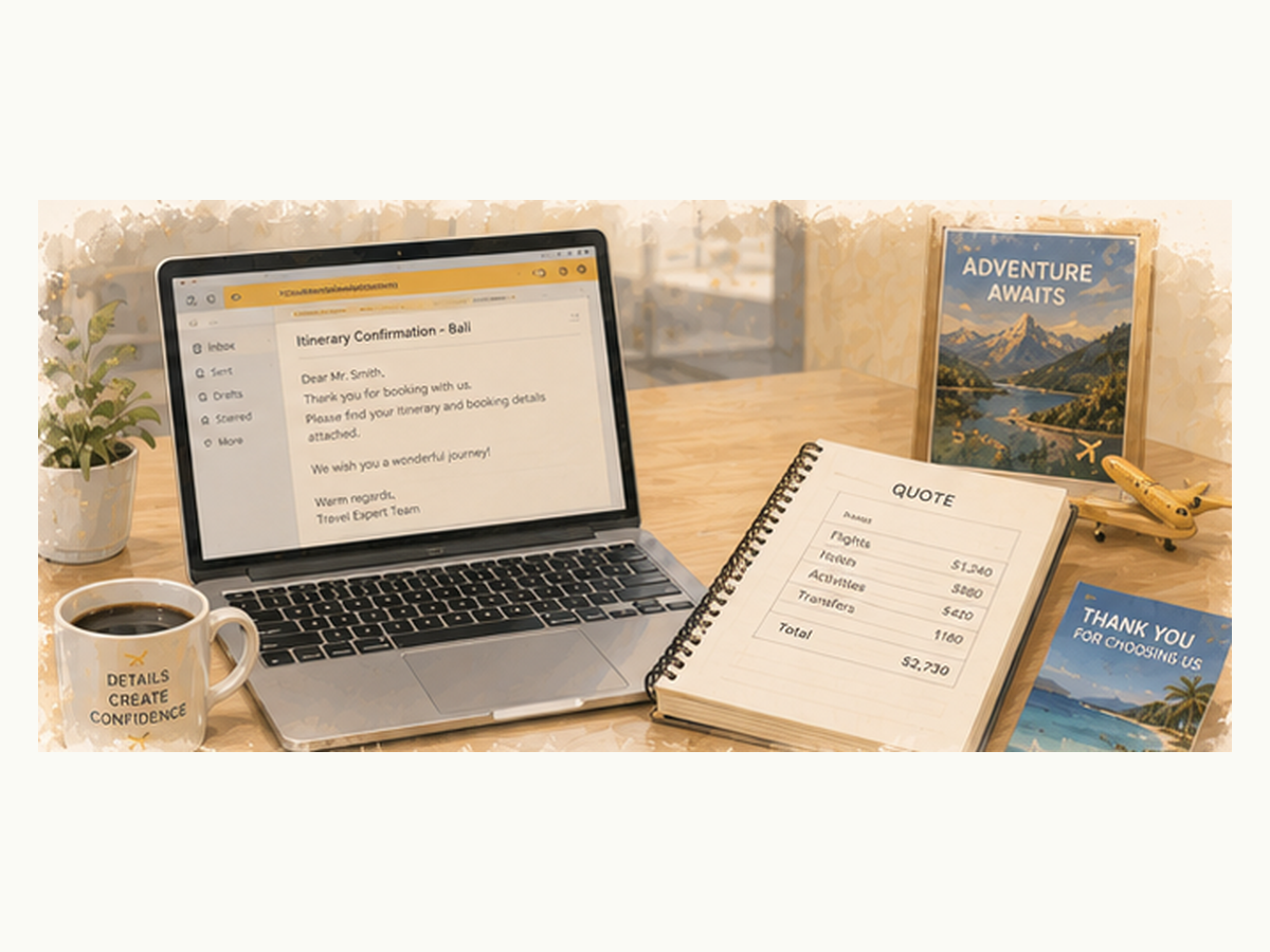 Travel consultant writing professional client emails and quotes